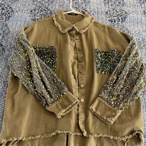 Chic Olive Sequin Utility Jacket loose fit all season